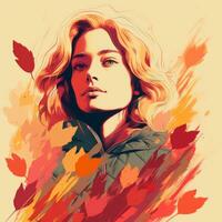 un pintura de un mujer con otoño hojas en su cara generativo ai foto