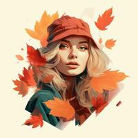 un pintura de un mujer con otoño hojas en su cabeza generativo ai foto