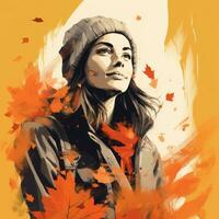 a painting of a woman with autumn leaves on her face generative ai photo