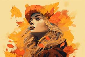 a painting of a woman with autumn leaves on her head generative ai photo