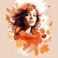 a painting of a woman with autumn leaves generative ai photo