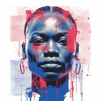 a painting of a woman with blue and pink paint splatters on her face generative ai photo