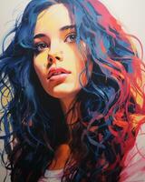 un pintura de un mujer con azul pelo generativo ai foto