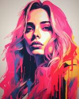a painting of a woman with bright pink hair generative ai photo