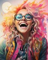 a painting of a woman with colorful hair and glasses generative ai photo