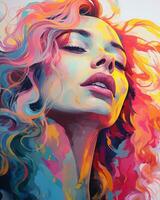 a painting of a woman with colorful hair generative ai photo