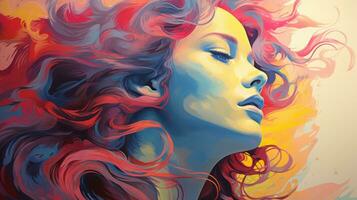 a painting of a woman with colorful hair generative ai photo