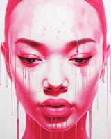 a painting of a woman with dripping pink paint on her face generative ai photo