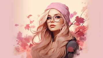 a painting of a woman with glasses and a pink beanie generative ai photo