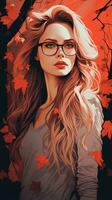 un pintura de un mujer con lentes y rojo hojas generativo ai foto