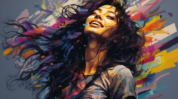a painting of a woman with her hair blowing in the wind generative ai photo