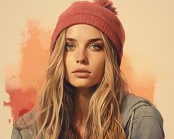 a painting of a woman with long hair and a beanie generative ai photo