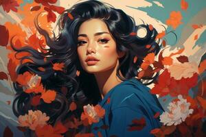 a painting of a woman with long hair and flowers generative ai photo