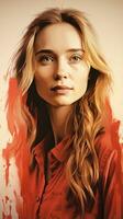 un pintura de un mujer con largo pelo en un rojo camisa generativo ai foto