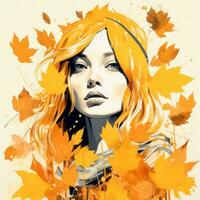 a painting of a woman with orange hair surrounded by autumn leaves generative ai photo