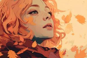 a painting of a woman with orange hair and leaves falling around her generative ai photo