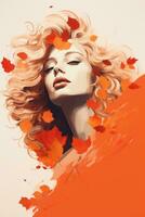 a painting of a woman with orange leaves on her head generative ai photo