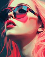 a painting of a woman with pink hair and sunglasses generative ai photo