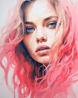 a painting of a woman with pink hair generative ai photo