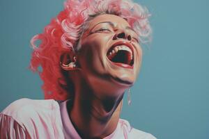 a painting of a woman with pink hair laughing generative ai photo