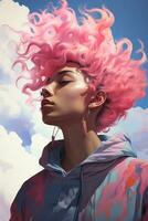 a painting of a woman with pink hair generative ai photo