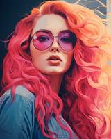 un pintura de un mujer con rosado pelo y Gafas de sol generativo ai foto