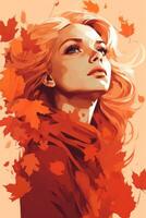 a painting of a woman with red hair and autumn leaves generative ai photo