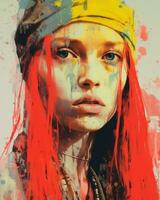 un pintura de un mujer con rojo pelo y un turbante generativo ai foto