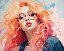 un pintura de un mujer con rojo pelo y lentes generativo ai foto