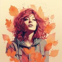 a painting of a woman with red hair and leaves generative ai photo