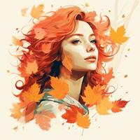 a painting of a woman with red hair and leaves generative ai photo
