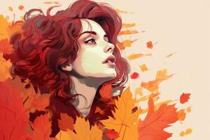 a painting of a woman with red hair and leaves generative ai photo