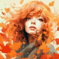 a painting of a woman with red hair and leaves generative ai photo