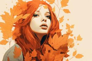a painting of a woman with red hair and leaves generative ai photo