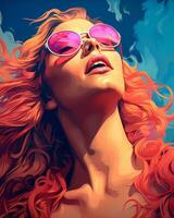 un pintura de un mujer con rojo pelo y rosado Gafas de sol generativo ai foto