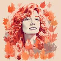 a painting of a woman with red hair surrounded by autumn leaves generative ai photo