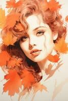a painting of a woman with red hair surrounded by autumn leaves generative ai photo