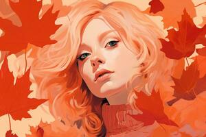 a painting of a woman with red hair surrounded by red maple leaves generative ai photo