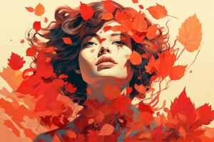a painting of a woman with red leaves in her hair generative ai photo