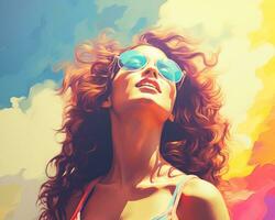 a painting of a woman with sunglasses on her head generative ai photo