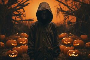 a person in a hooded jacket standing in front of pumpkins generative ai photo