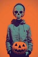 a person in a hoodie holding a halloween pumpkin generative ai photo