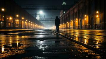 a person is standing on a train track at night generative ai photo