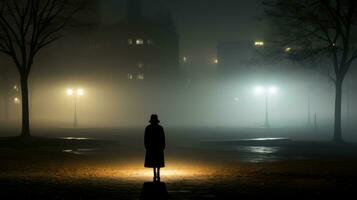 a person standing in the middle of a foggy street at night generative ai photo