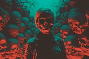 a person standing in front of a bunch of skulls generative ai photo