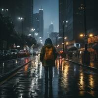 a person walking in the rain on a city street at night generative ai photo