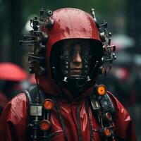 a person wearing a red jacket and helmet generative ai photo