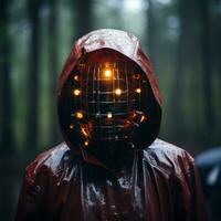 a person wearing a red raincoat and a mask generative ai photo