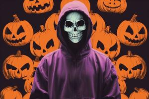 a person wearing a hoodie with a skull on it surrounded by pumpkins generative ai photo