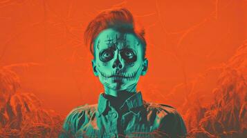 a person with a skeleton face and red hair standing in the middle of a field generative ai photo